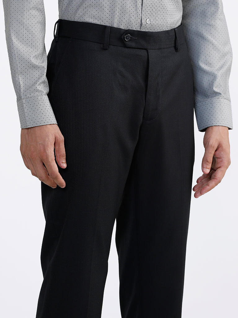 WES Formals by Westside Plain Navy Blue Relaxed Fit Trousers